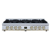 Valente 48" Gas Cooktop in White, 8 Sealed burners, 94,000 BUT Output, 2 Antique Brass Dual-Ring Burners, Continuous Cast Iron Grates