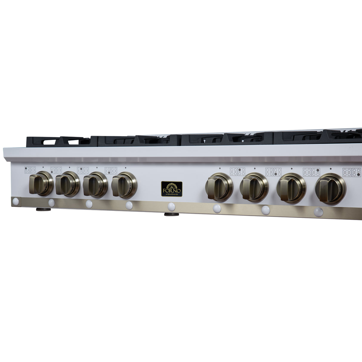 Valente 48" Gas Cooktop in White, 8 Sealed burners, 94,000 BUT Output, 2 Antique Brass Dual-Ring Burners, Continuous Cast Iron Grates
