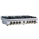 Valente 48" Gas Cooktop in White, 8 Sealed burners, 94,000 BUT Output, 2 Antique Brass Dual-Ring Burners, Continuous Cast Iron Grates