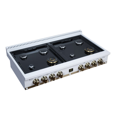 Valente 48" Gas Cooktop in White, 8 Sealed burners, 94,000 BUT Output, 2 Antique Brass Dual-Ring Burners, Continuous Cast Iron Grates