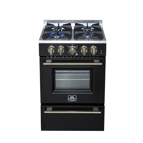 Forno Breno 24 Inch Freestanding Gas Range in Black with Antique Brass, Compact Design