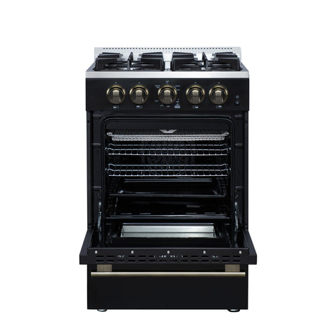 Forno Breno 24 Inch Freestanding Gas Range in Black with Antique Brass, Compact Design