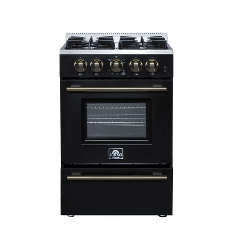 Forno Breno 24 Inch Freestanding Gas Range in Black with Antique Brass, Compact Design