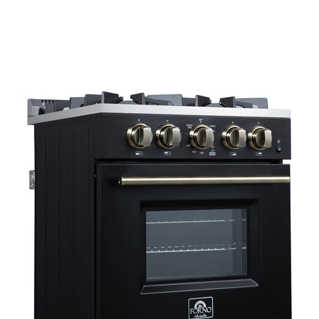 Forno Breno 24 Inch Freestanding Gas Range in Black with Antique Brass, Compact Design