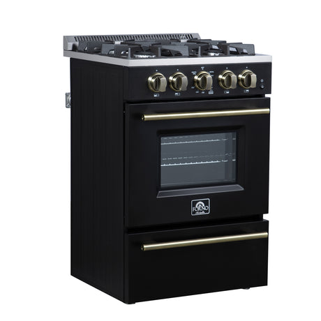 Forno Breno 24 Inch Freestanding Gas Range in Black with Antique Brass, Compact Design