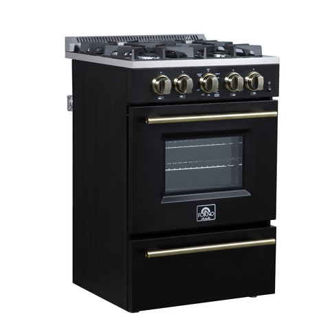 Forno Breno 24 Inch Freestanding Gas Range in Black with Antique Brass, Compact Design