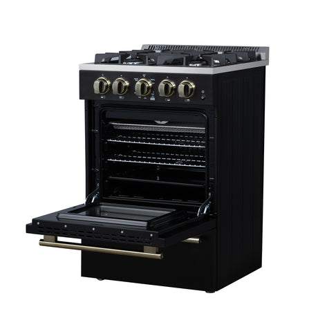 Forno Breno 24 Inch Freestanding Gas Range in Black with Antique Brass, Compact Design