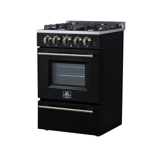 Forno Breno 24 Inch Freestanding Gas Range in Black with Antique Brass, Compact Design