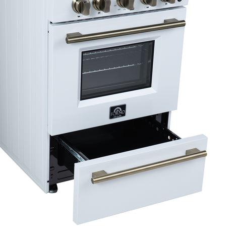 Forno Breno 24 Inch Freestanding Gas Range in White with Antique Brass, Compact Design