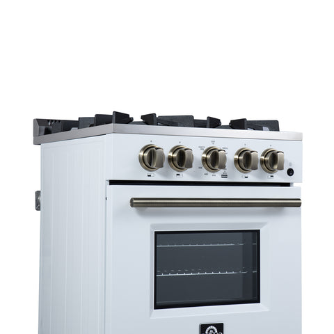 Forno Breno 24 Inch Freestanding Gas Range in White with Antique Brass, Compact Design