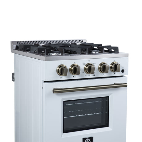 Forno Breno 24 Inch Freestanding Gas Range in White with Antique Brass, Compact Design