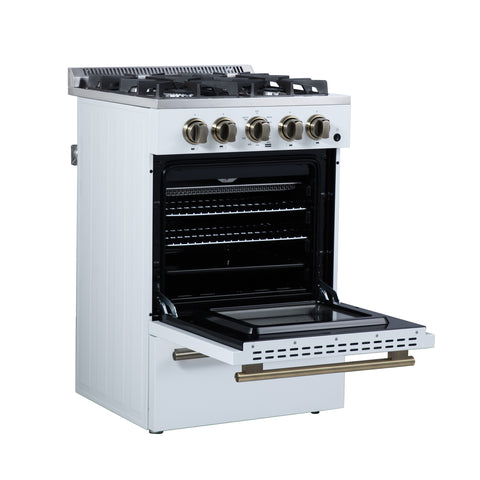 Forno Breno 24 Inch Freestanding Gas Range in White with Antique Brass, Compact Design