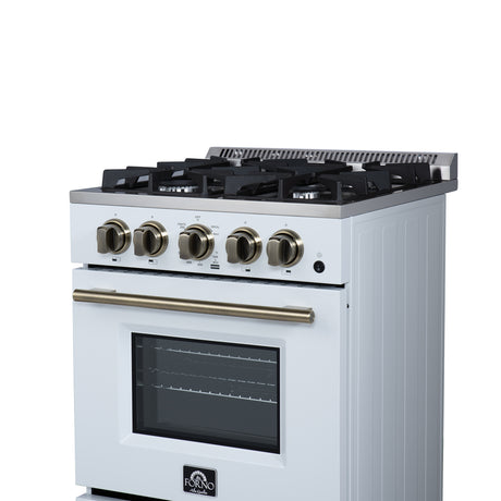 Forno Breno 24 Inch Freestanding Gas Range in White with Antique Brass, Compact Design