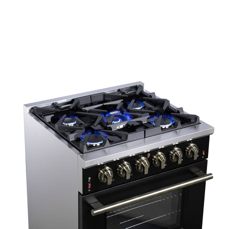 Forno Massimo 30-Inch Black Freestanding Gas Range, 5 Burners, True Convection Oven