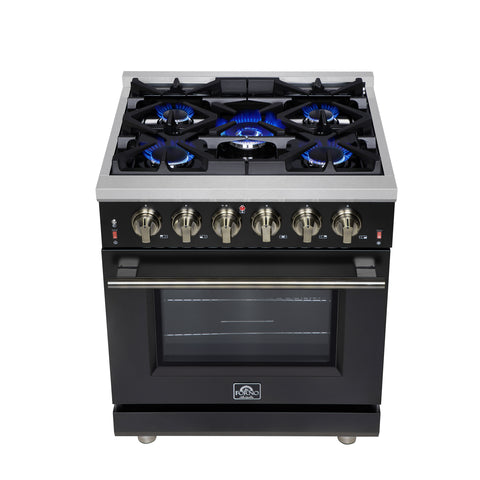 Forno Massimo 30-Inch Black Freestanding Gas Range, 5 Burners, True Convection Oven