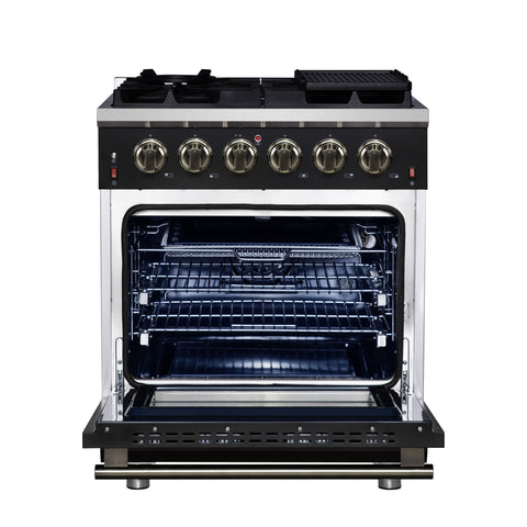 Forno Massimo 30-Inch Black Freestanding Gas Range, 5 Burners, True Convection Oven