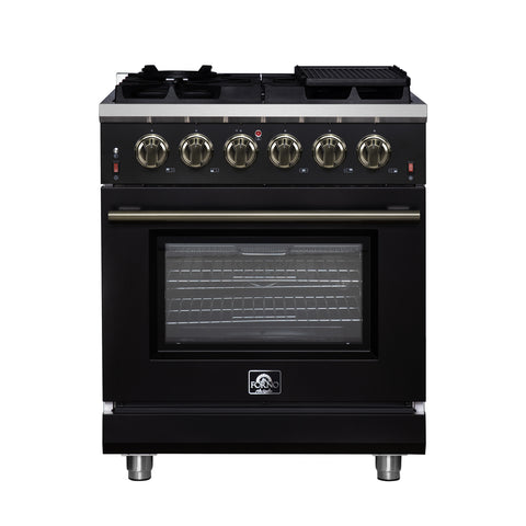 Forno Massimo 30-Inch Black Freestanding Gas Range, 5 Burners, True Convection Oven