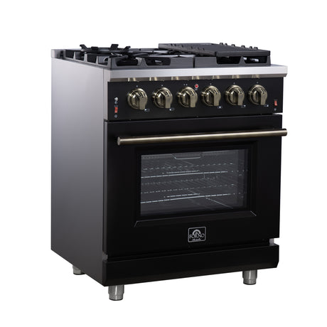 Forno Massimo 30-Inch Black Freestanding Gas Range, 5 Burners, True Convection Oven