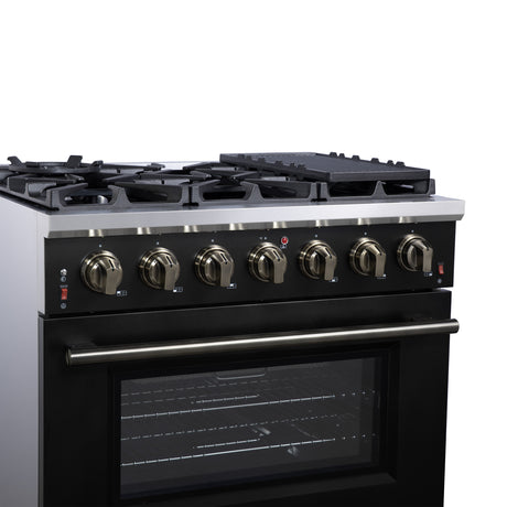 Forno Massimo 36-Inch Black Freestanding Gas Range, 6 Sealed Burners, Convection Oven, Energy Efficient