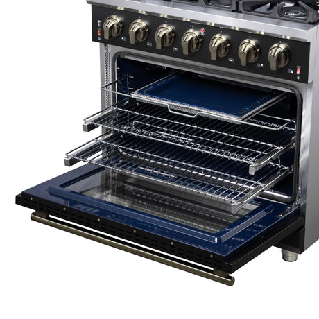 Forno Massimo 36-Inch Black Freestanding Gas Range, 6 Sealed Burners, Convection Oven, Energy Efficient