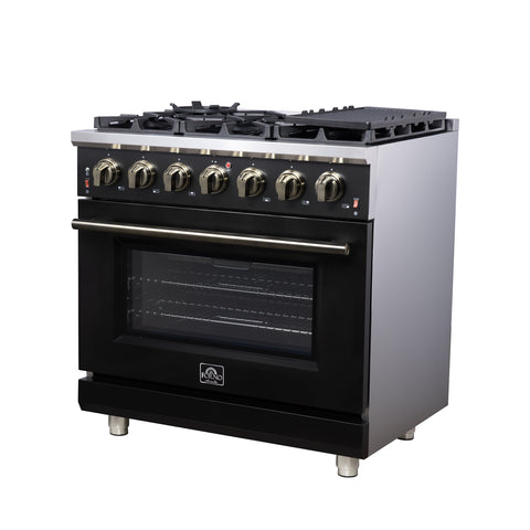 Forno Massimo 36-Inch Black Freestanding Gas Range, 6 Sealed Burners, Convection Oven, Energy Efficient