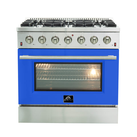 Forno Galiano 36-Inch Freestanding Gas Range, Stainless Steel, 6 Burners, Energy Efficient, Blue Door