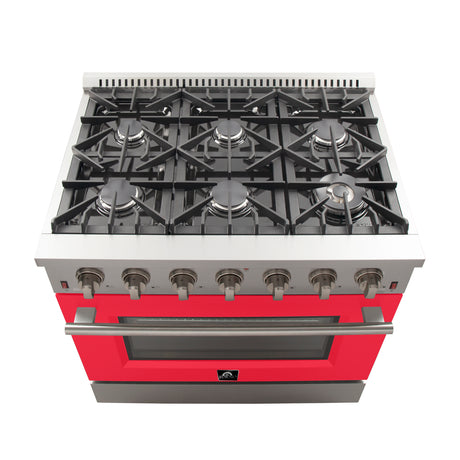 Forno Galiano 36-Inch Freestanding Gas Range, Stainless Steel, 6 Burners, Energy Efficient, Red Door