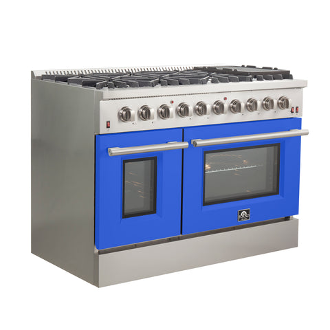Forno Galiano 48-Inch Freestanding Gas Range, Stainless Steel, 8 Burners, 107,000 BTU, Griddle, Double Ovens, Energy Efficient, Blue Doors