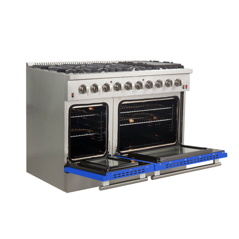 Forno Galiano 48-Inch Freestanding Gas Range, Stainless Steel, 8 Burners, 107,000 BTU, Griddle, Double Ovens, Energy Efficient, Blue Doors