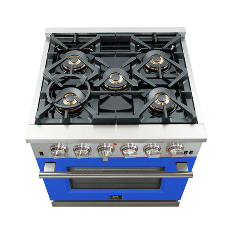 Forno Capriasca 30-Inch Freestanding Gas Range, 4 Burners, True Convection Oven, Blue Door