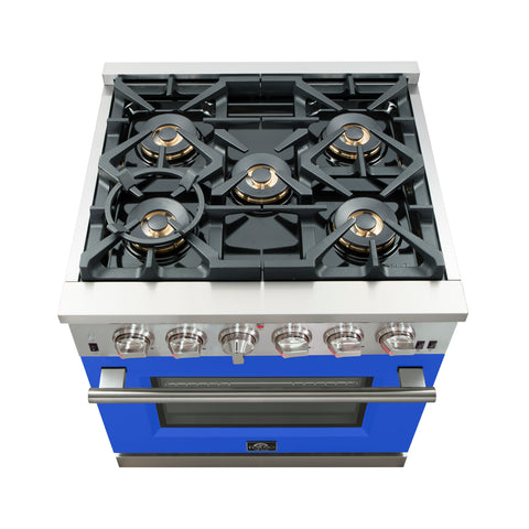 Forno Capriasca 30-Inch Freestanding Gas Range, 4 Burners, True Convection Oven, Blue Door