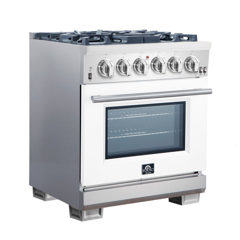 Forno Capriasca 30-Inch Freestanding Gas Range, 4 Burners, True Convection Oven, White Door