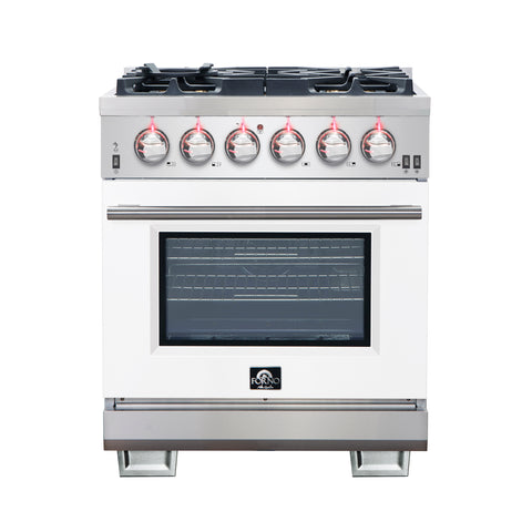 Forno Capriasca 30-Inch Freestanding Gas Range, 4 Burners, True Convection Oven, White Door