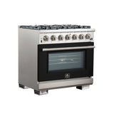Forno Capriasca 36-Inch Gas Range, Stainless Steel, 6 Brass Burners, 120,000 BTU, Convection Oven, Energy Efficient, Black door