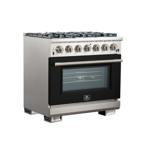 Forno Capriasca 36-Inch Gas Range, Stainless Steel, 6 Brass Burners, 120,000 BTU, Convection Oven, Energy Efficient, Black door