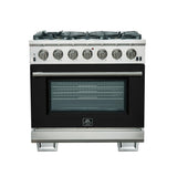Forno Capriasca 36-Inch Gas Range, Stainless Steel, 6 Brass Burners, 120,000 BTU, Convection Oven, Energy Efficient, Black door