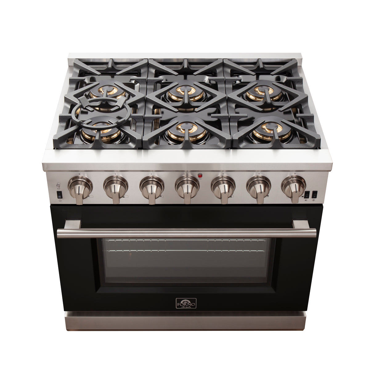 Forno Capriasca 36-Inch Gas Range, Stainless Steel, 6 Brass Burners, 120,000 BTU, Convection Oven, Energy Efficient, Black door
