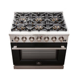 Forno Capriasca 36-Inch Gas Range, Stainless Steel, 6 Brass Burners, 120,000 BTU, Convection Oven, Energy Efficient, Black door