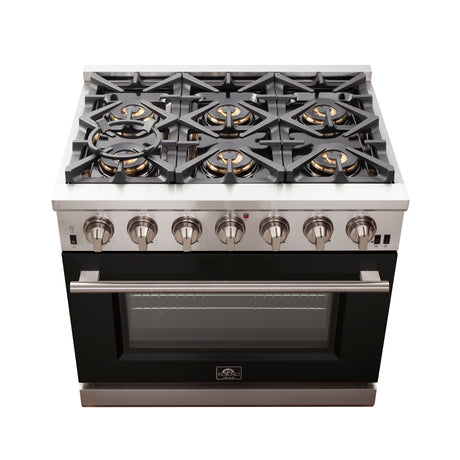 Forno Capriasca 36-Inch Gas Range, Stainless Steel, 6 Brass Burners, 120,000 BTU, Convection Oven, Energy Efficient, Black door
