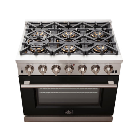 Forno Capriasca 36-Inch Gas Range, Stainless Steel, 6 Brass Burners, 120,000 BTU, Convection Oven, Energy Efficient, Black door
