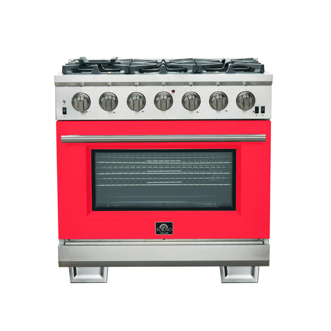 Forno Capriasca 36-Inch Gas Range, Stainless Steel, 6 Brass Burners, 120,000 BTU, Convection Oven, Energy Efficient, Red Door