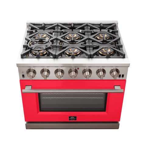 Forno Capriasca 36-Inch Gas Range, Stainless Steel, 6 Brass Burners, 120,000 BTU, Convection Oven, Energy Efficient, Red Door