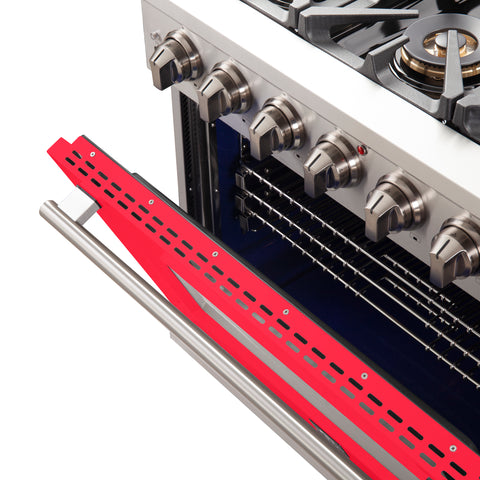 Forno Capriasca 36-Inch Gas Range, Stainless Steel, 6 Brass Burners, 120,000 BTU, Convection Oven, Energy Efficient, Red Door