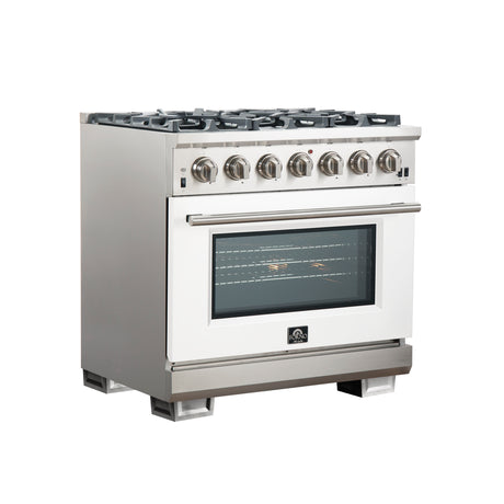 Forno Capriasca 36-Inch Gas Range, Stainless Steel, 6 Brass Burners, 120,000 BTU, Convection Oven, Energy Efficient, White Door