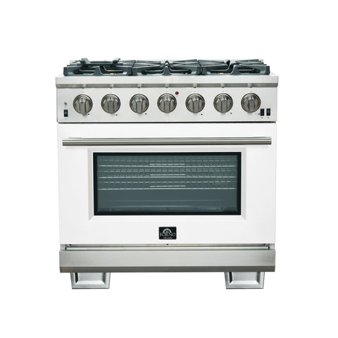 Forno Capriasca 36-Inch Gas Range, Stainless Steel, 6 Brass Burners, 120,000 BTU, Convection Oven, Energy Efficient, White Door