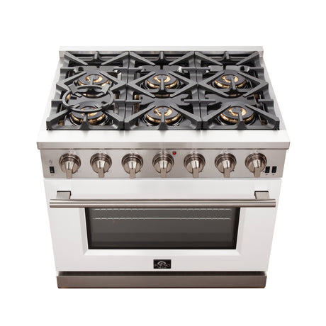 Forno Capriasca 36-Inch Gas Range, Stainless Steel, 6 Brass Burners, 120,000 BTU, Convection Oven, Energy Efficient, White Door