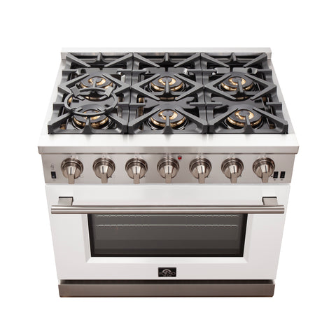 Forno Capriasca 36-Inch Gas Range, Stainless Steel, 6 Brass Burners, 120,000 BTU, Convection Oven, Energy Efficient, White Door
