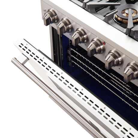 Forno Capriasca 36-Inch Gas Range, Stainless Steel, 6 Brass Burners, 120,000 BTU, Convection Oven, Energy Efficient, White Door