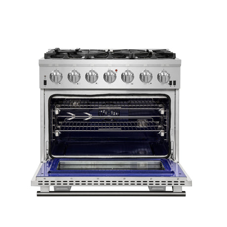 Forno Capriasca 36-Inch Gas Range, Stainless Steel, 6 Brass Burners, 120,000 BTU, Convection Oven, Energy Efficient