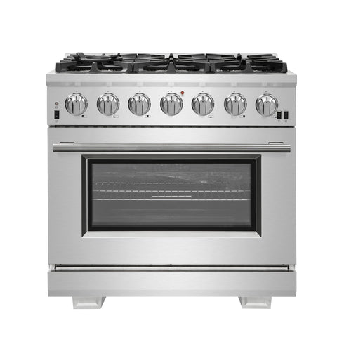 Forno Capriasca 36-Inch Gas Range, Stainless Steel, 6 Brass Burners, 120,000 BTU, Convection Oven, Energy Efficient
